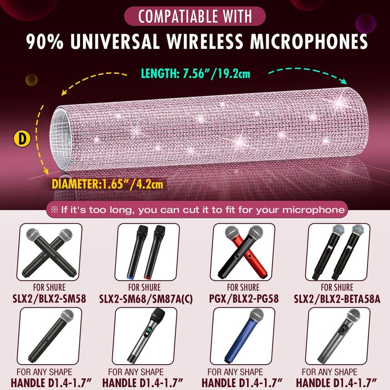 Facmogu Mic Not Include Glitter Microphone Handle Cover, Rhinestone Wireless Handle Microphone Sleeve Cover, Bling Sparkle Mic Decorative Sleeve, Handle Body Covers for Universal Microphone -Pink - Image 3